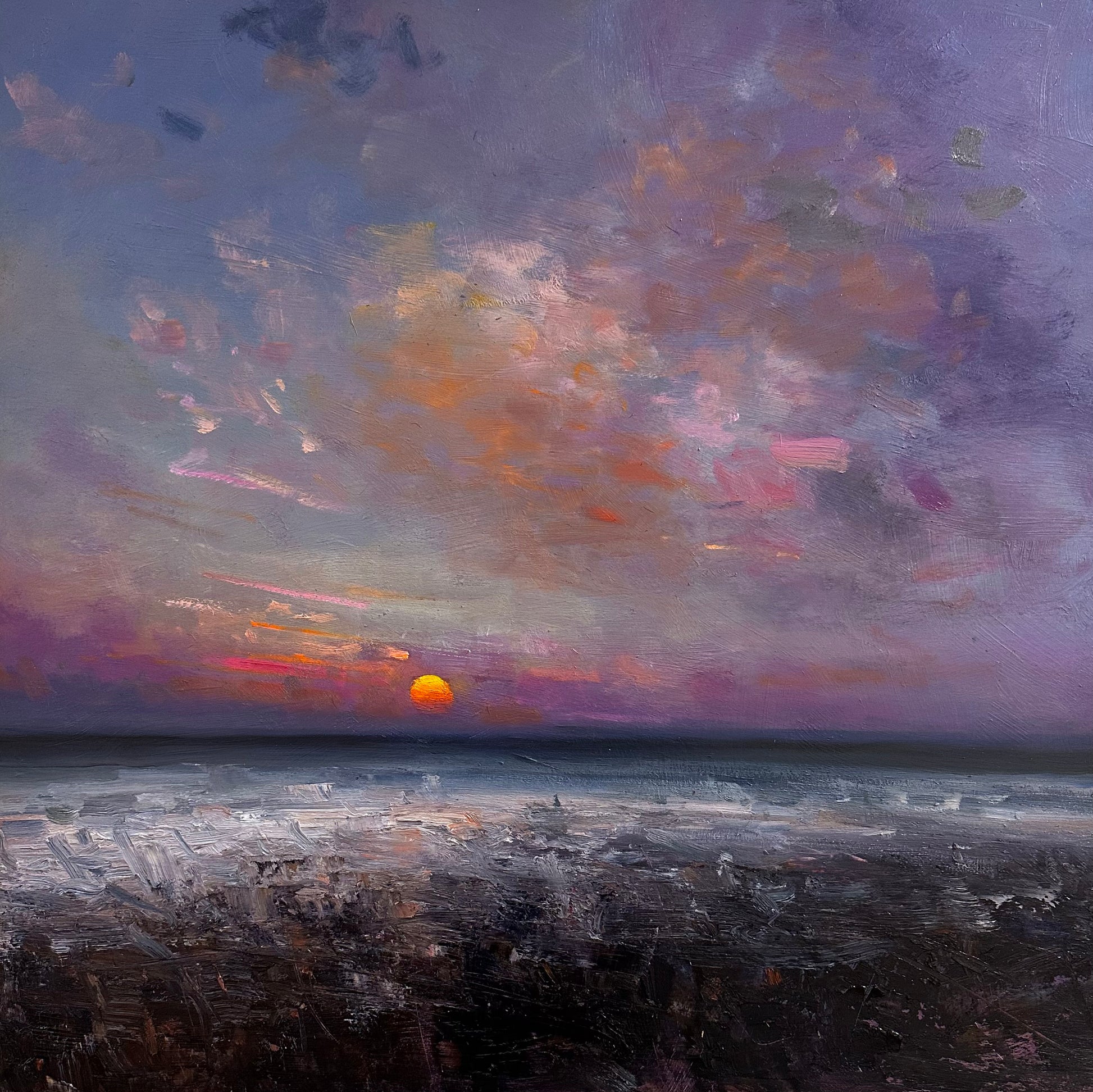 Solitary Sunrise seascape by Norfolk Artist Richard K Blades. Shown at The Point Contemporary Art Gallery in Cromer North Norfolk UK