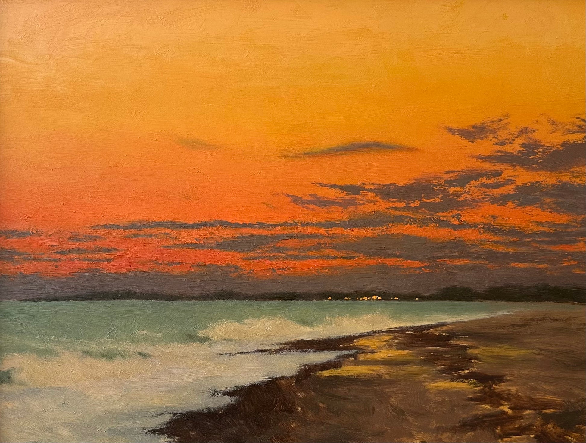 Oil on panel by Kester Hew Crawford. Available from the Point Contemporary Art Gallery in Cromer, Norfolk UK. Amber dusk
