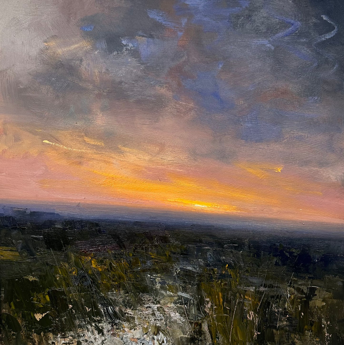 Over the marshes, Oil on panel painting by Richard K Blades. Available from The Point Contemporary, Art Gallery in Cromer, North Norfolk UK