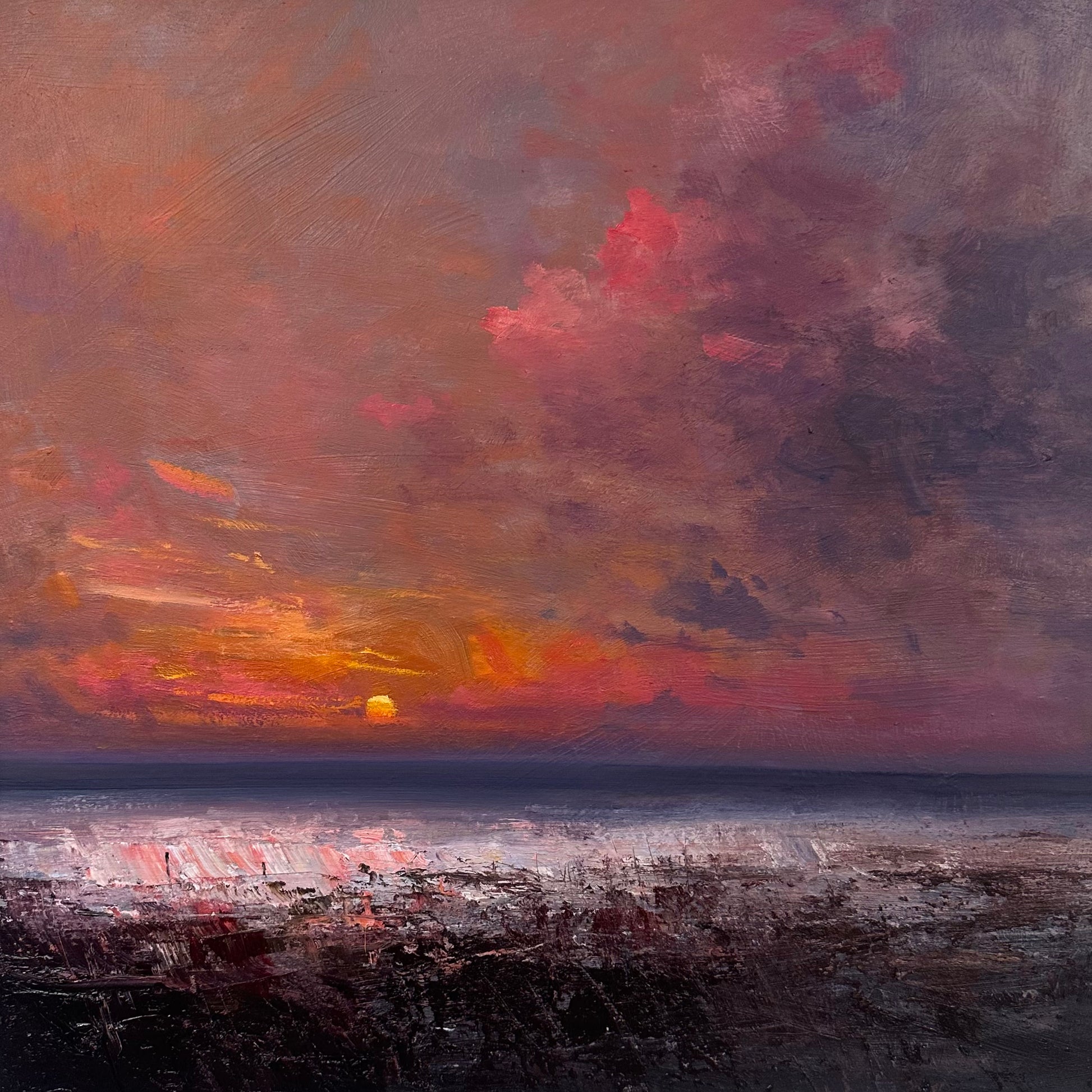 When we crashed the sun, Oil on panel painting by Richard K Blades. Available from The Point Contemporary, Art Gallery in Cromer, North Norfolk UK